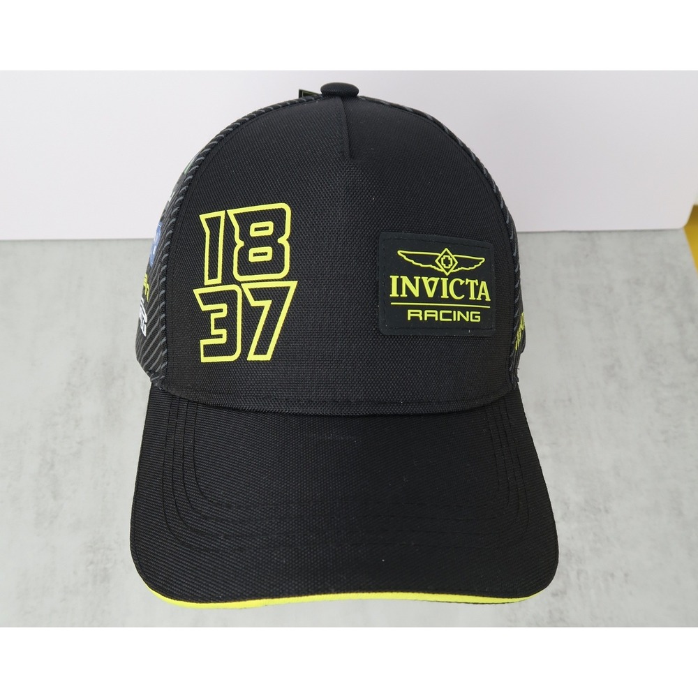 Invicta Racing Hat Black Neon Yellow Sponsor Logo Snapback Cap IG0340-BLK New